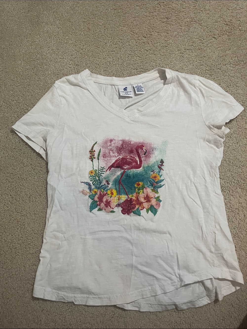 Caribbean Joe White V-Neck Tee with Pink Flamingo & Floral Print